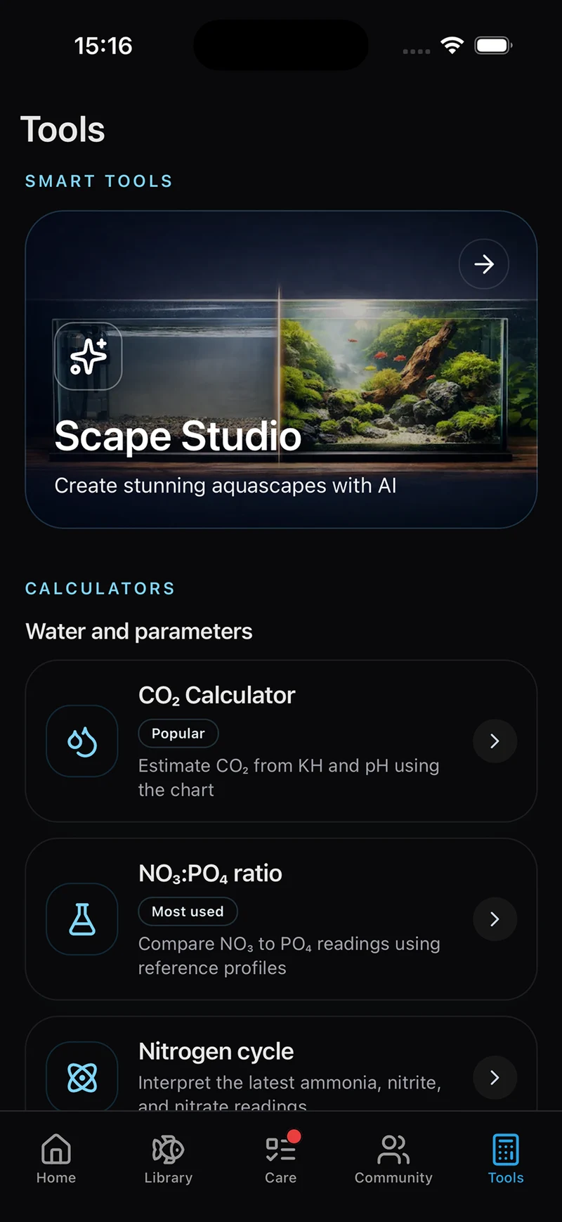 Aquarium Tracker tools screen with Scape Studio and calculators
